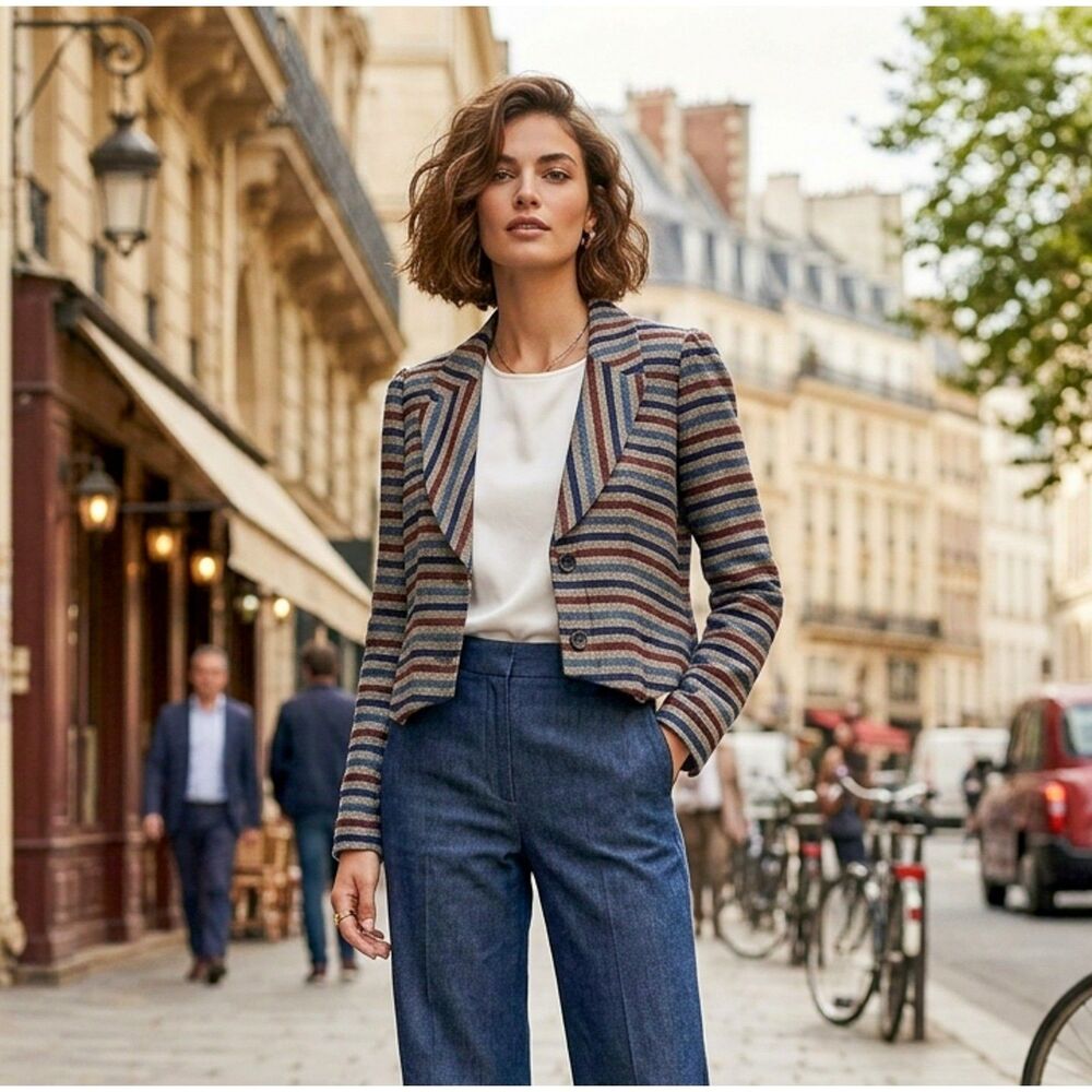 Tulle by Anthropologie Striped Cropped Blazer Jacket – Multi-Color / Size S